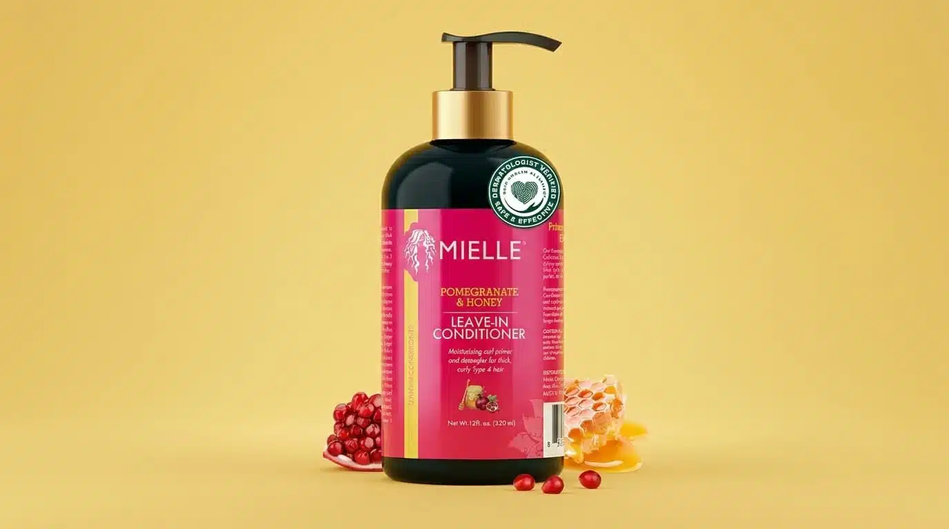 mielle pomegranate and honey leave in conditioner bottle displayed with pomegranate and honey ingredients