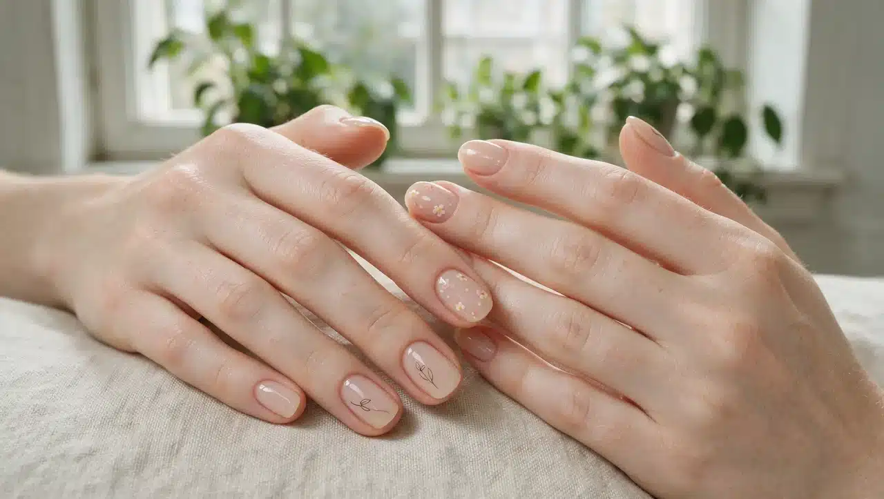 micro floral nails with tiny flower details on a nude base