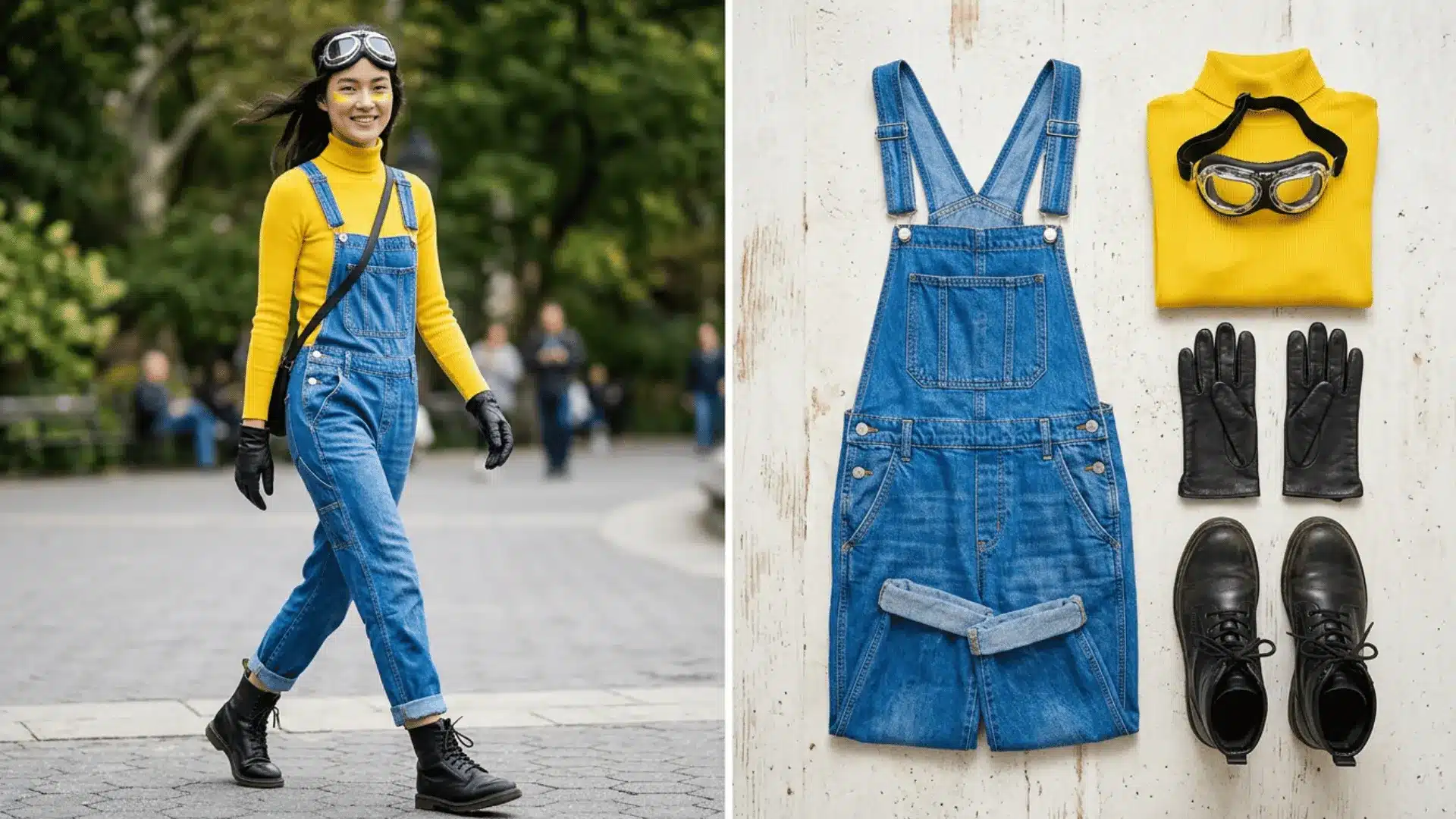 Minion costume with blue overalls, yellow top, goggles, and black gloves