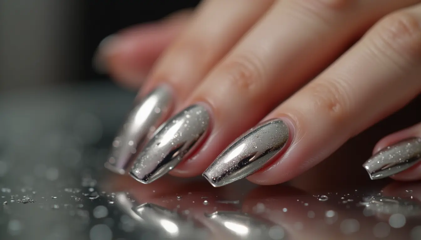 mirror chrome nails with reflective silver metallic finish on hand in luxury manicure style