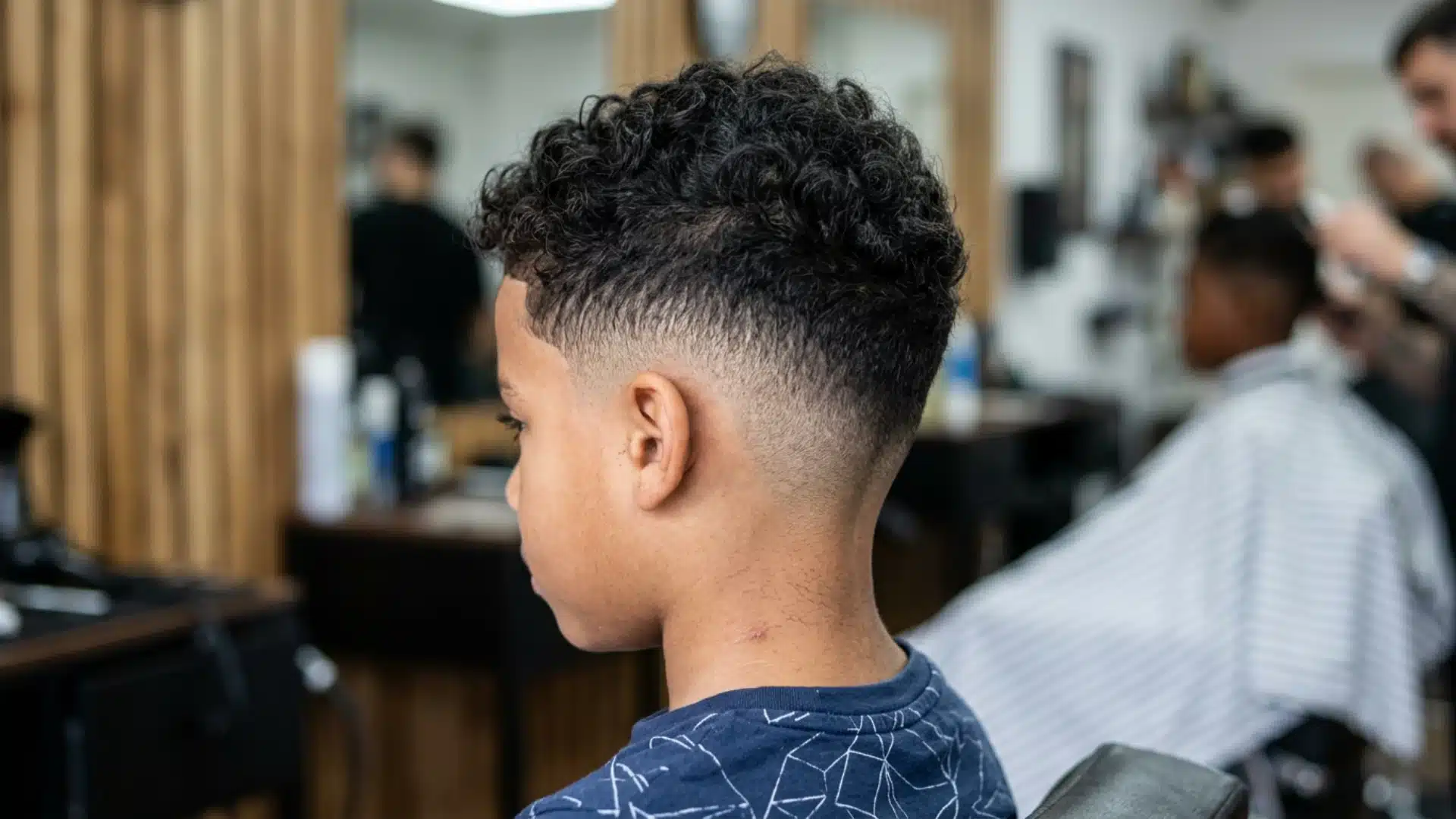 Mixed boy with a drop fade curved around the ear and natural curls on top