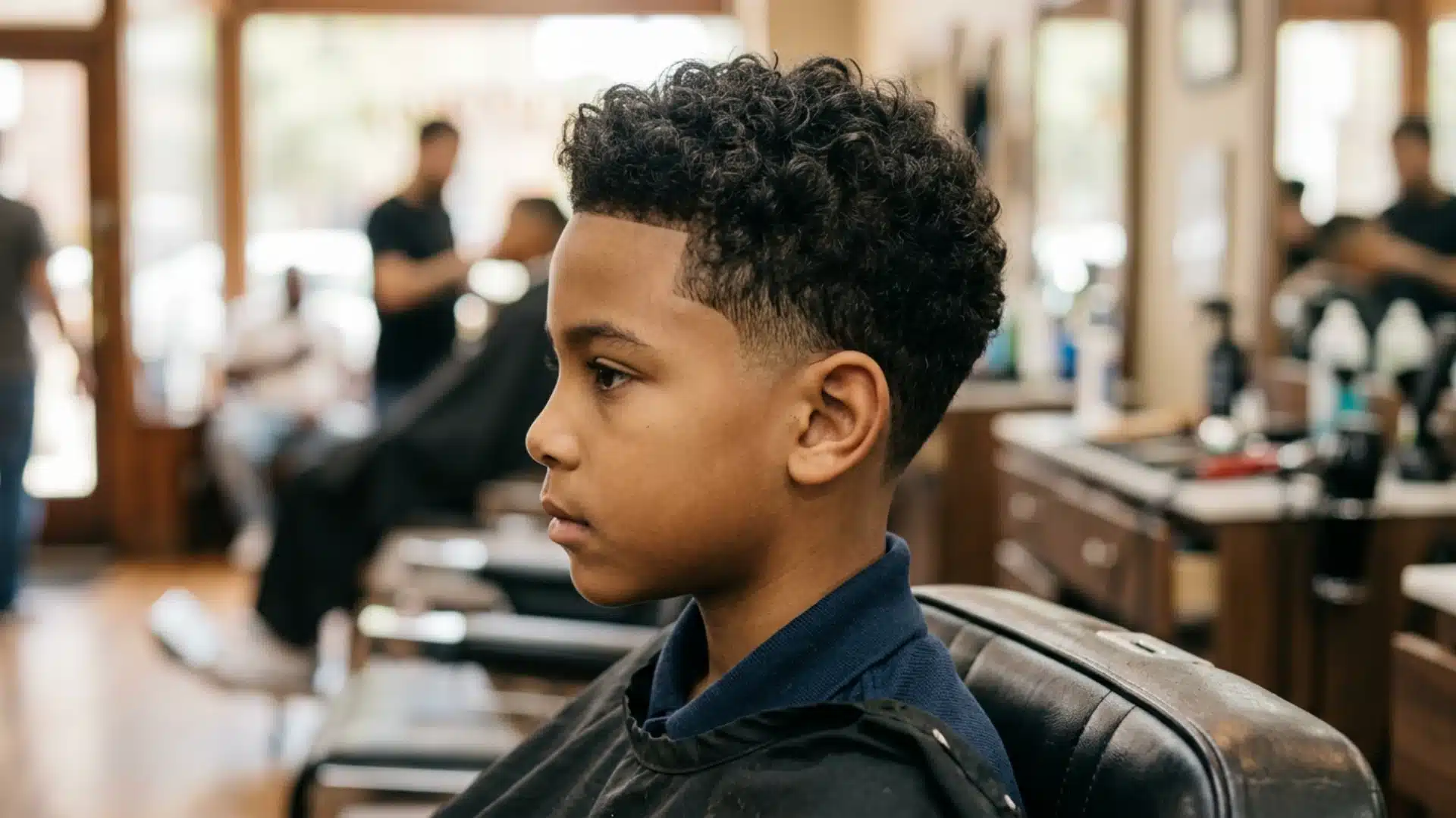 Mixed boy with a low fade and soft curly top styled neatly in a barbershop