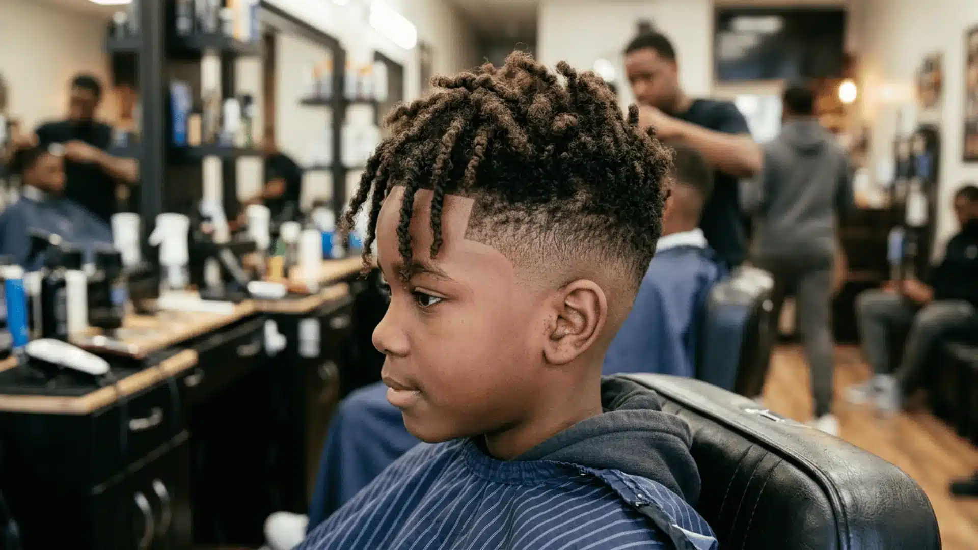Mixed boy with a mid fade and defined twist-out curls on top