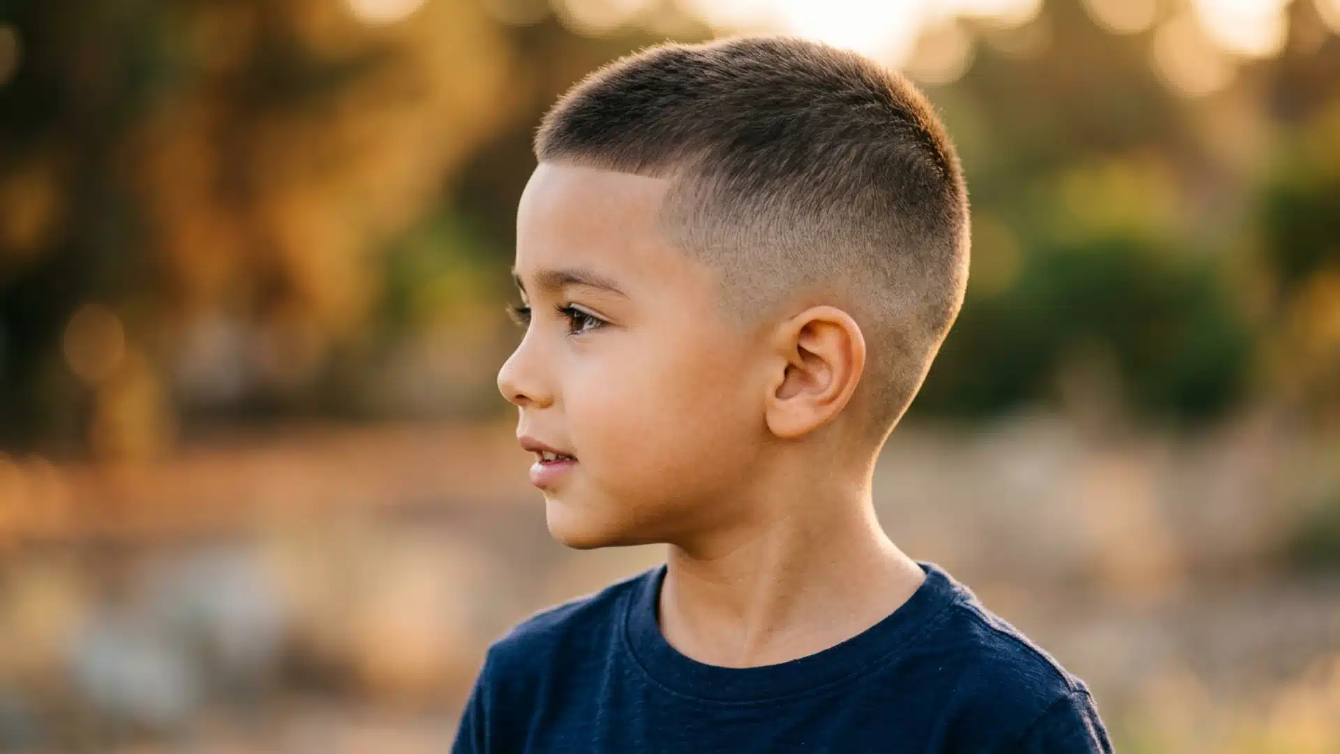Mixed boy with a short buzz cut and clean fade on the sides