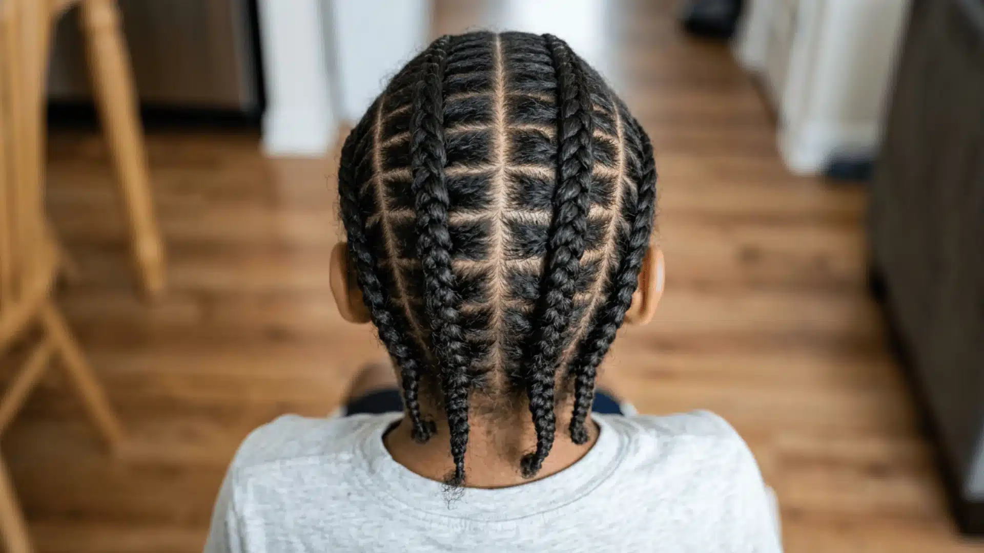 Mixed boy with fishbone braids arranged in a detailed patterned style