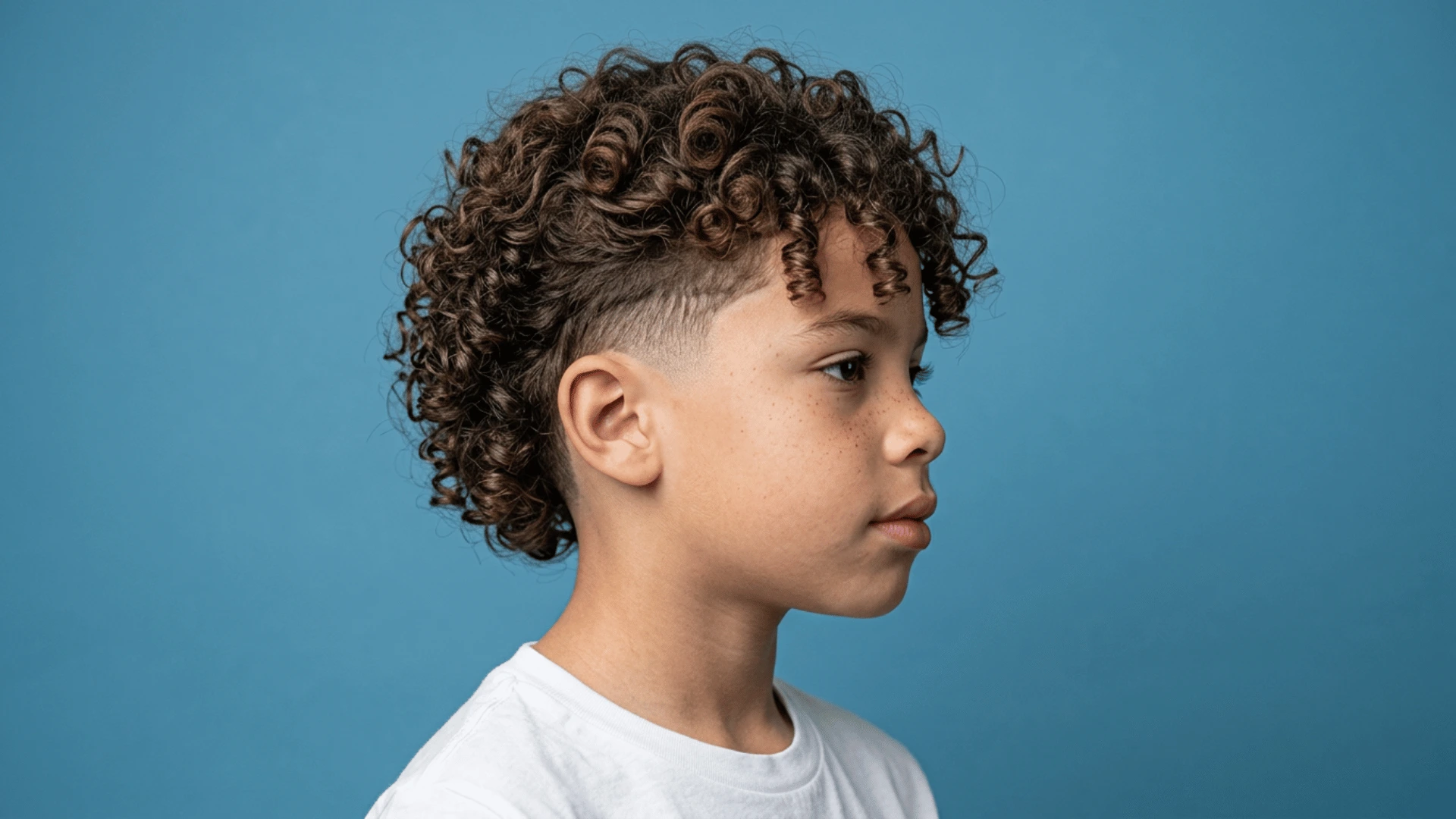 Mixed boy with long layered curls falling naturally around the face