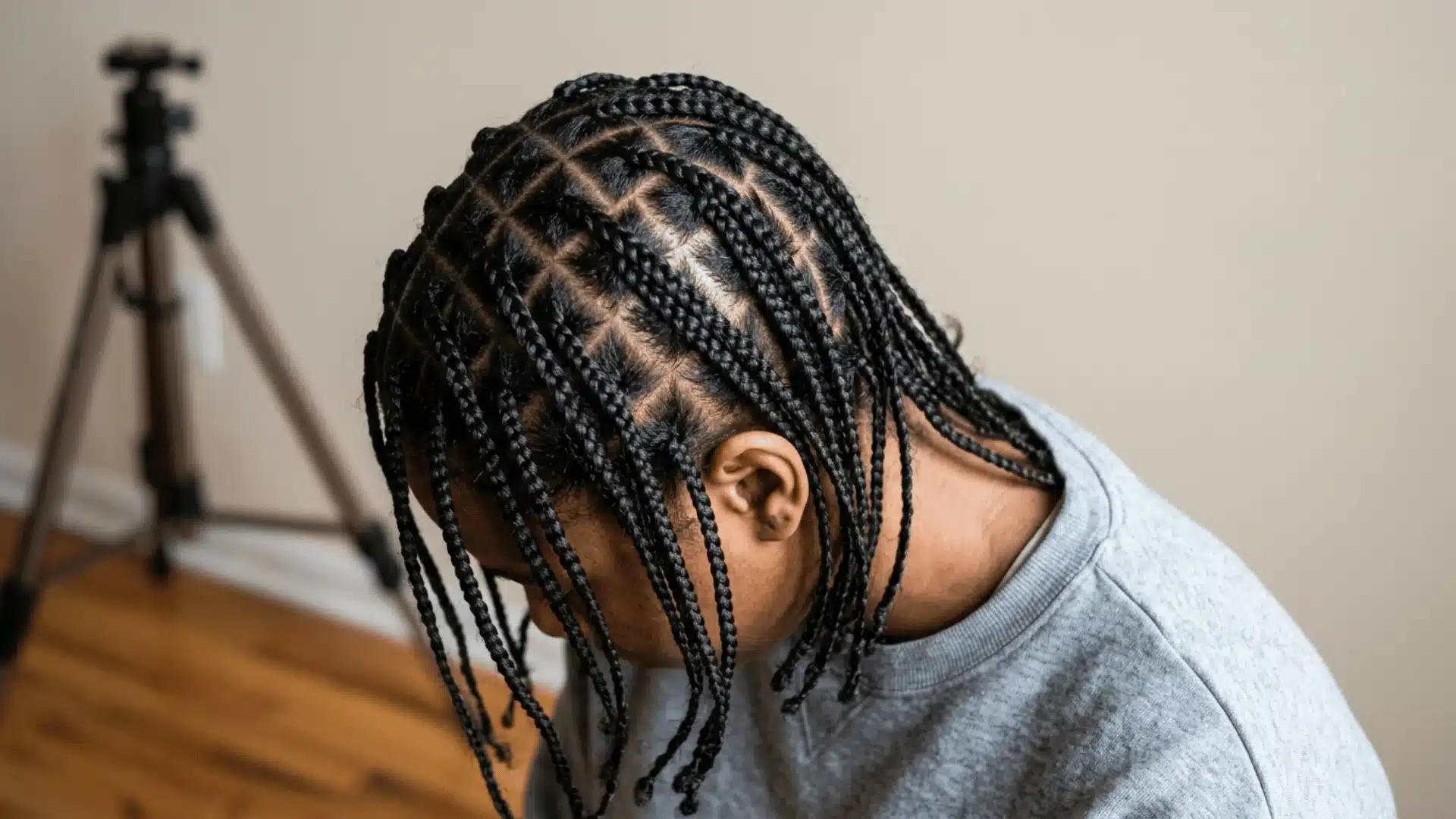 Mixed boy with medium box braids styled neatly away from the face