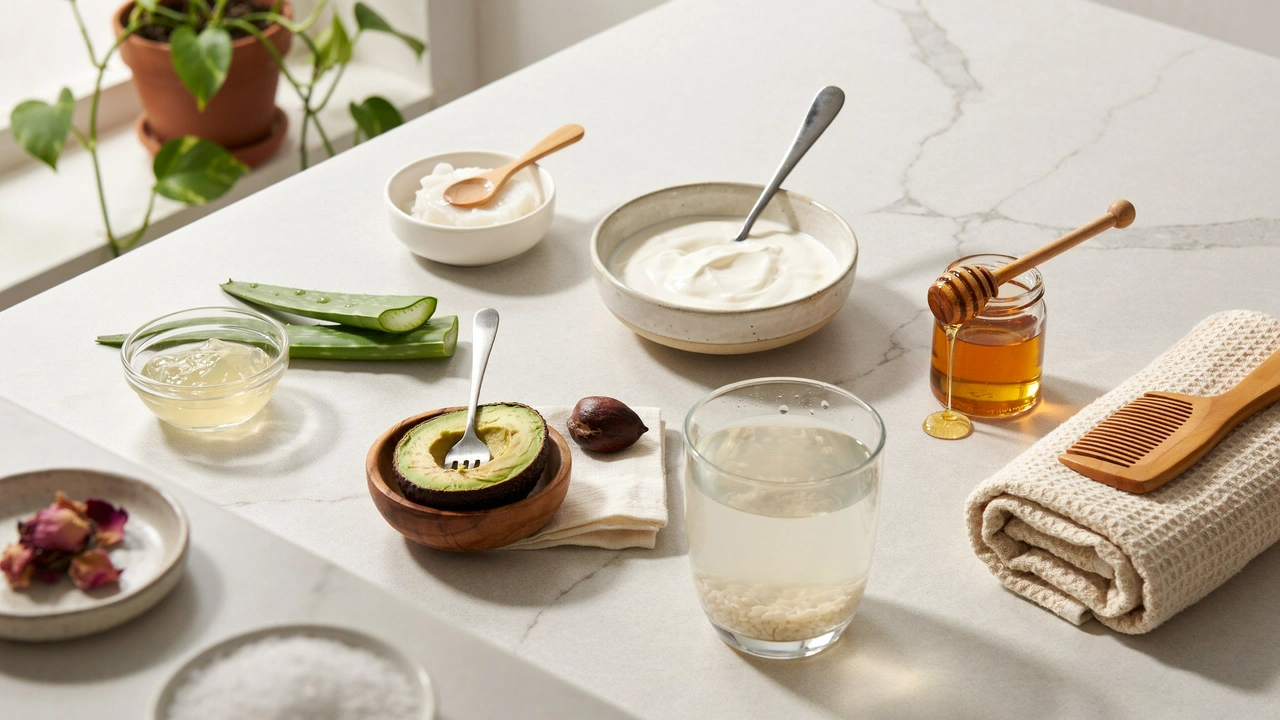 natural hair softening ingredients including aloe vera avocado honey yogurt and oils arranged on a bright countertop