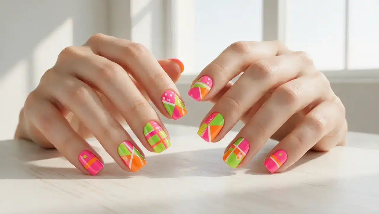 neon geometric nails with bold colorful summer pattern artwork