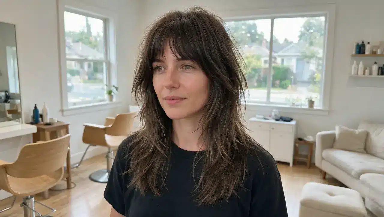 no bangs shag haircut with layered face framing pieces and textured ends showing natural volume and movement