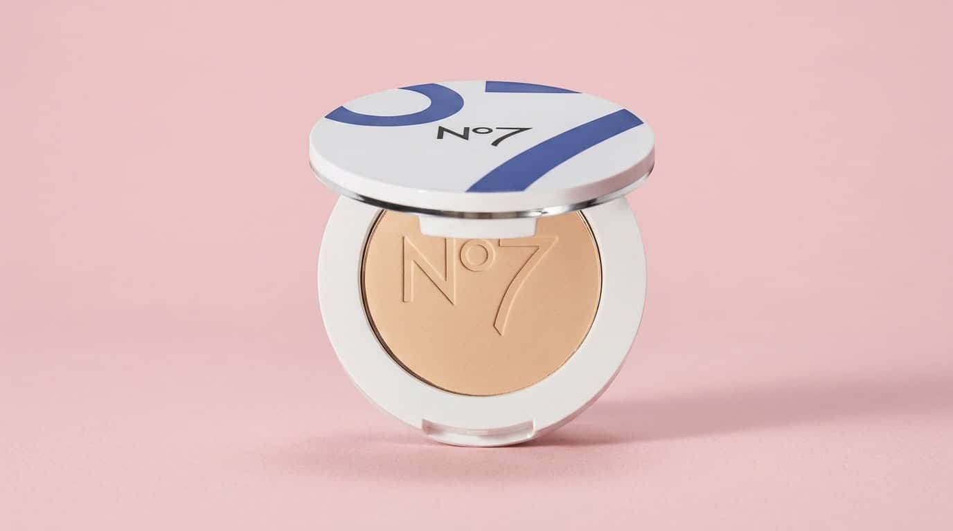 no7 lift and luminate triple action pressed powder displayed in an open white compact