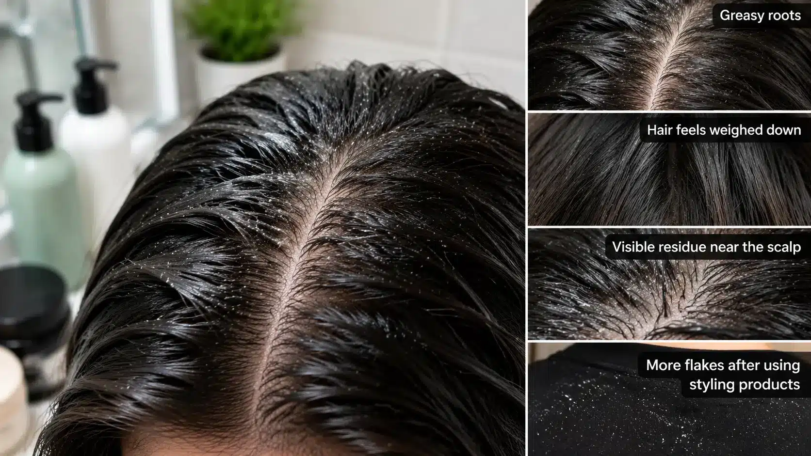 oily hair roots with visible product buildup near the scalp