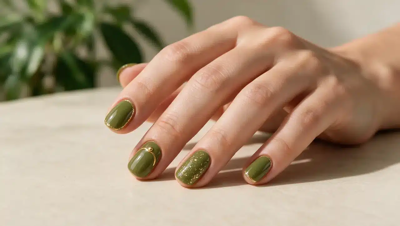 olive green nails with glossy deep green summer manicure finish