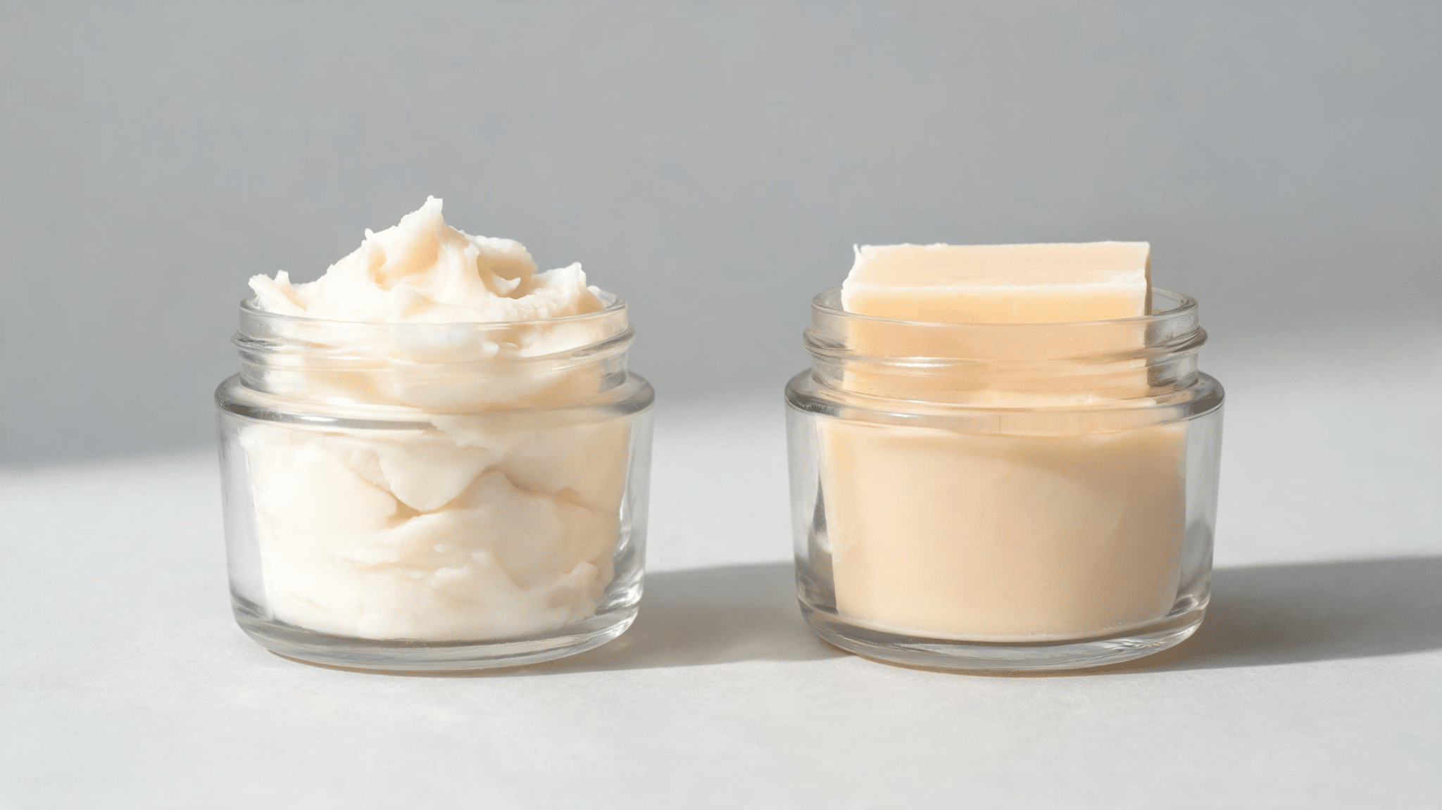 open glass jars of soft ivory shea butter and firm pale cocoa butter side by side in natural light