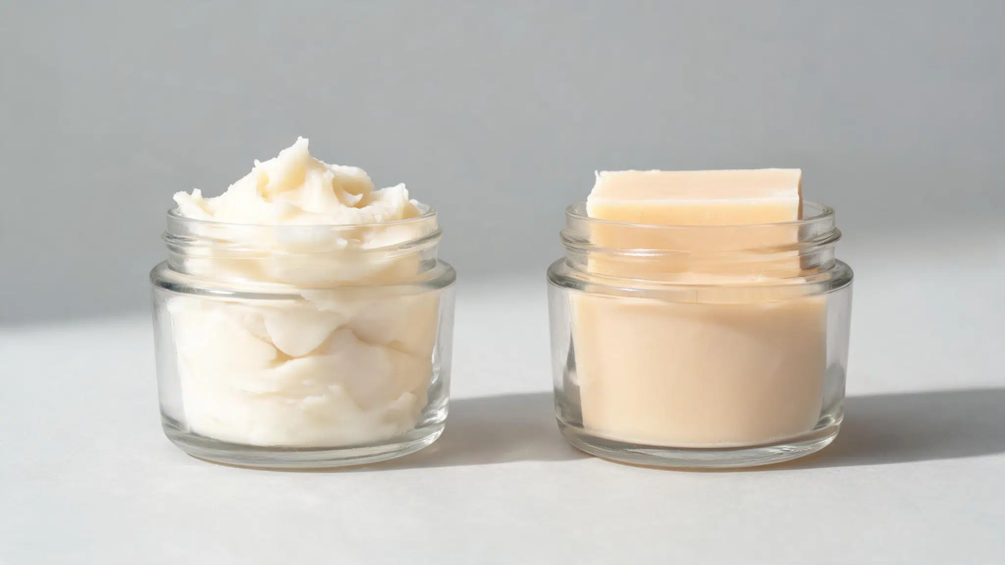 open glass jars of soft ivory shea butter and firm pale cocoa butter side by side in natural light