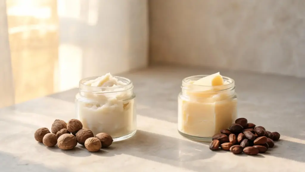 open jars of ivory shea butter and pale cocoa butter beside shea nuts and cocoa beans in warm natural light
