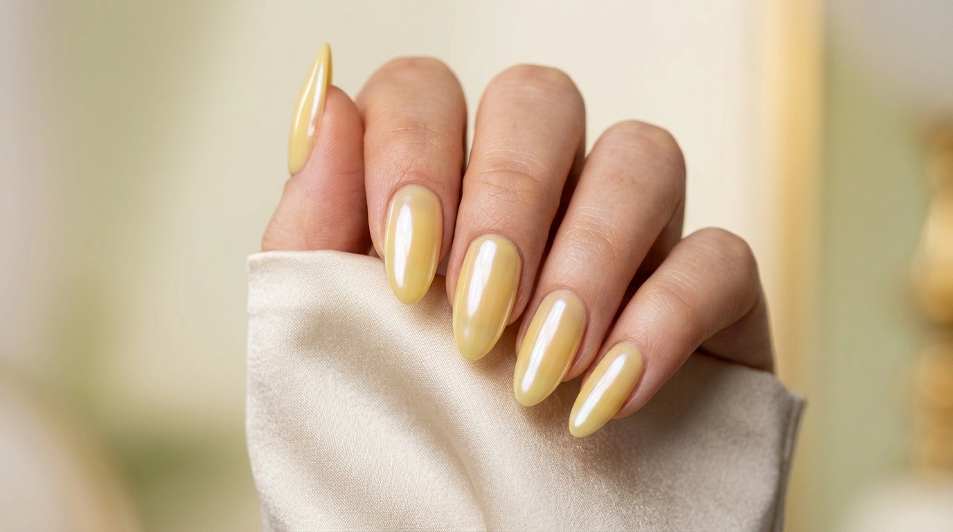 oval glazed butter yellow nails with a pearlescent finish adjusting a silk sleeve