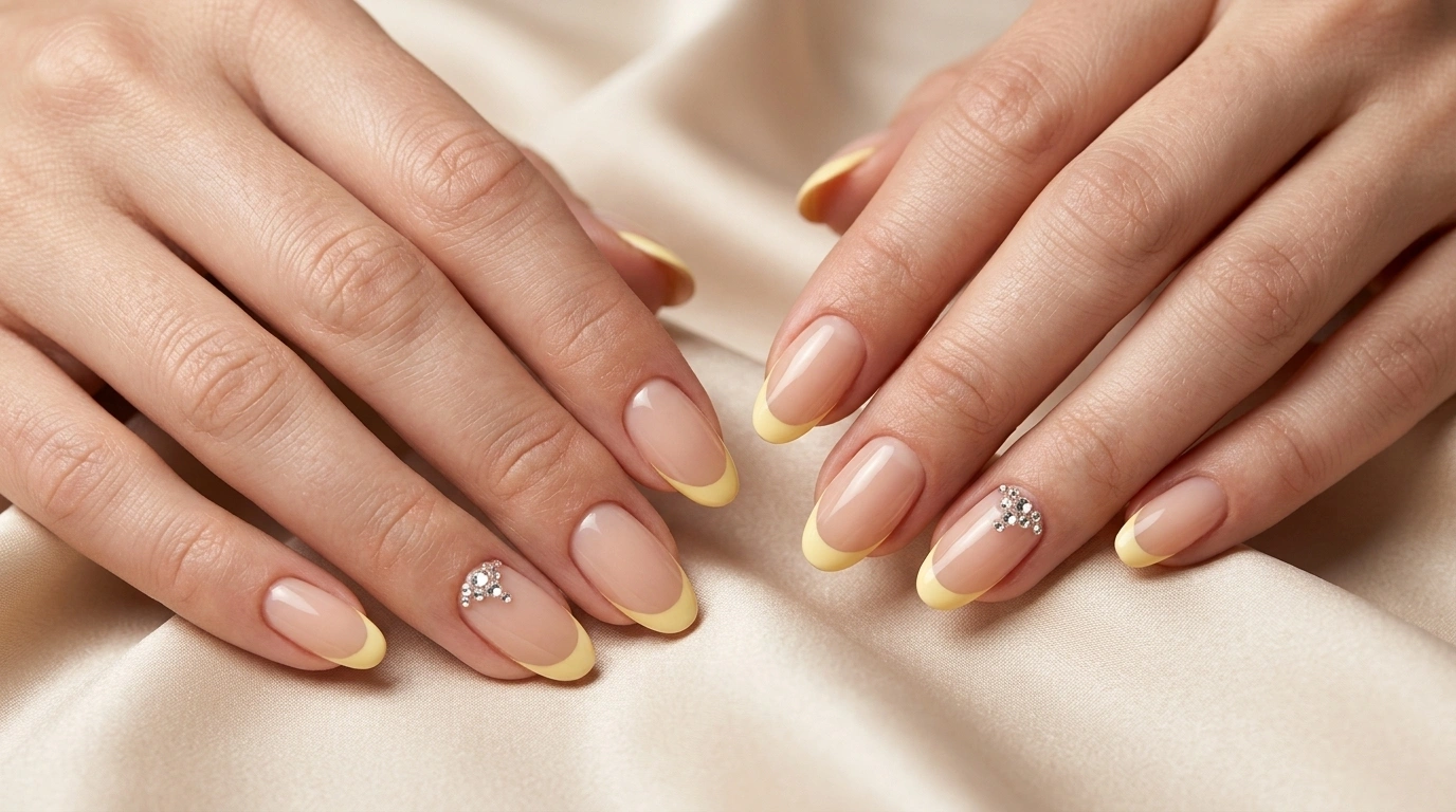 oval yellow french tip nails with rhinestone accents on fair skin