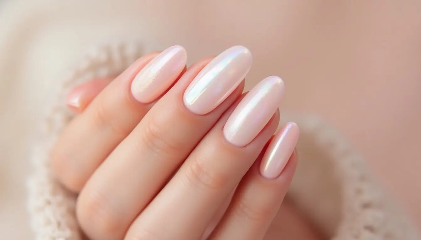 pearl chrome nails with soft iridescent glow over a nude pink base in elegant manicure style