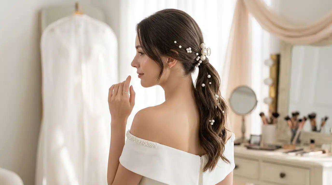 pearl clipped ponytail hairstyle with decorative pins and elegant hair styling