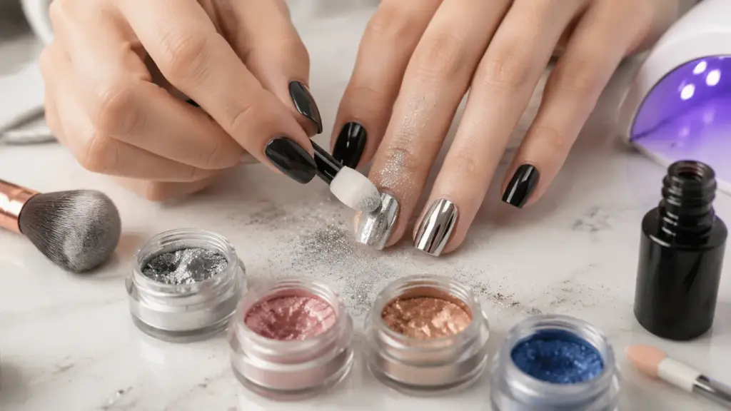 person applying silver chrome powder on black nails with colorful pigment jars and manicure tools