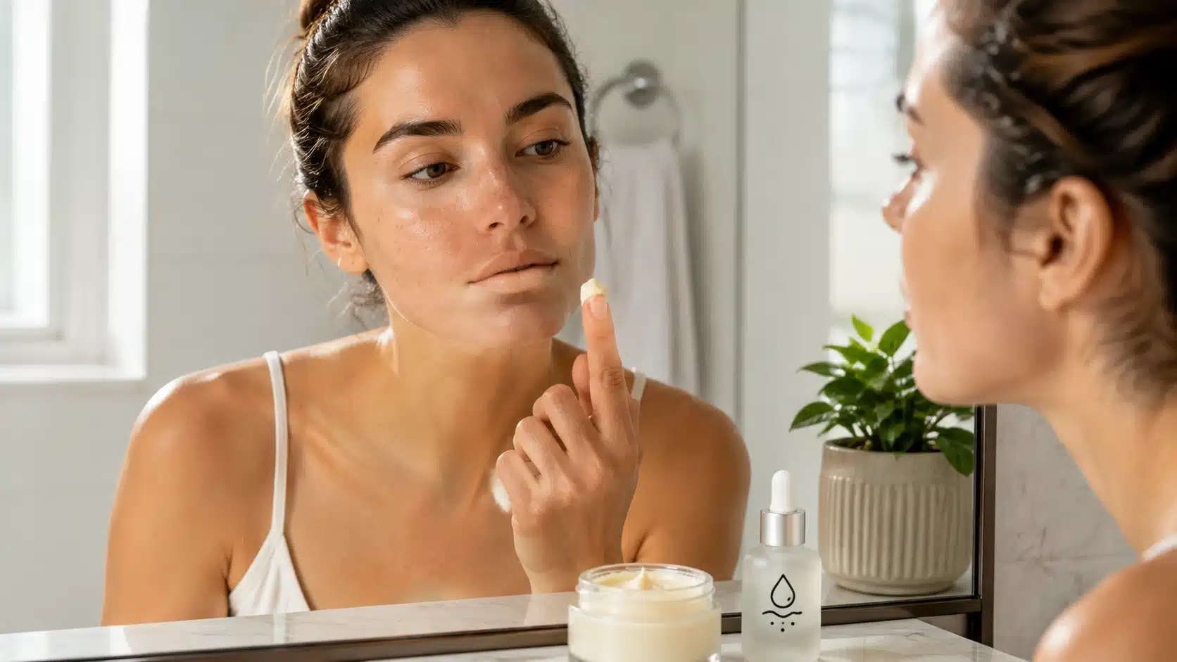 person checking cocoa butter cream before applying it to dry facial skin beside skincare products