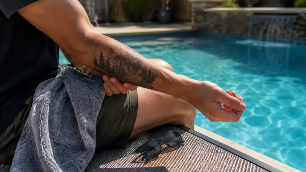 person checking healing tattoo near swimming pool before swimming