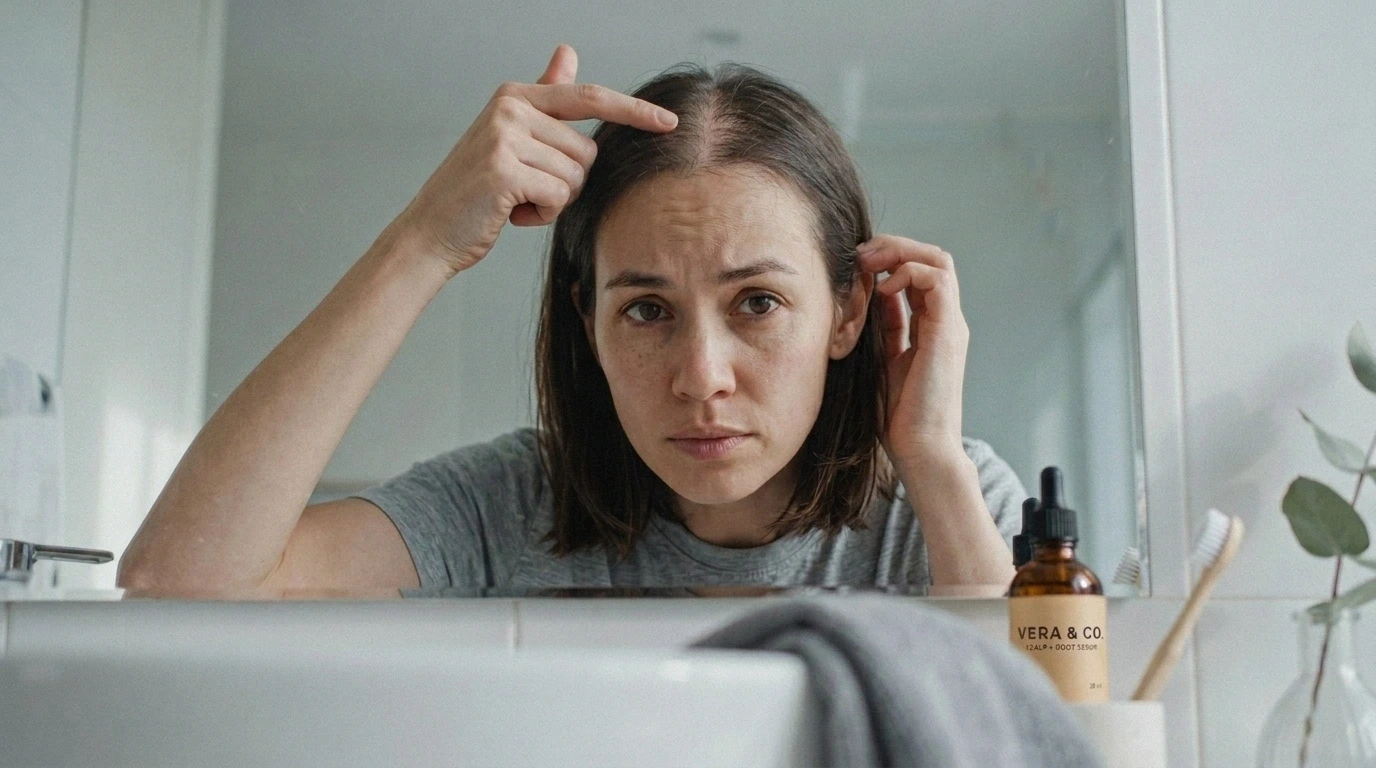 person checking thin hair and visible scalp in front of a bathroom mirror with a concerned expression