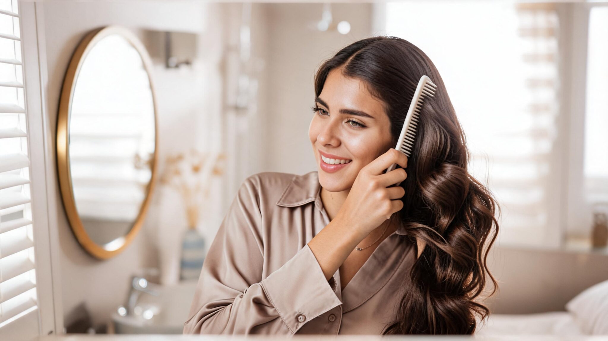 person gently brushing long hair extensions during a home hair care routine
