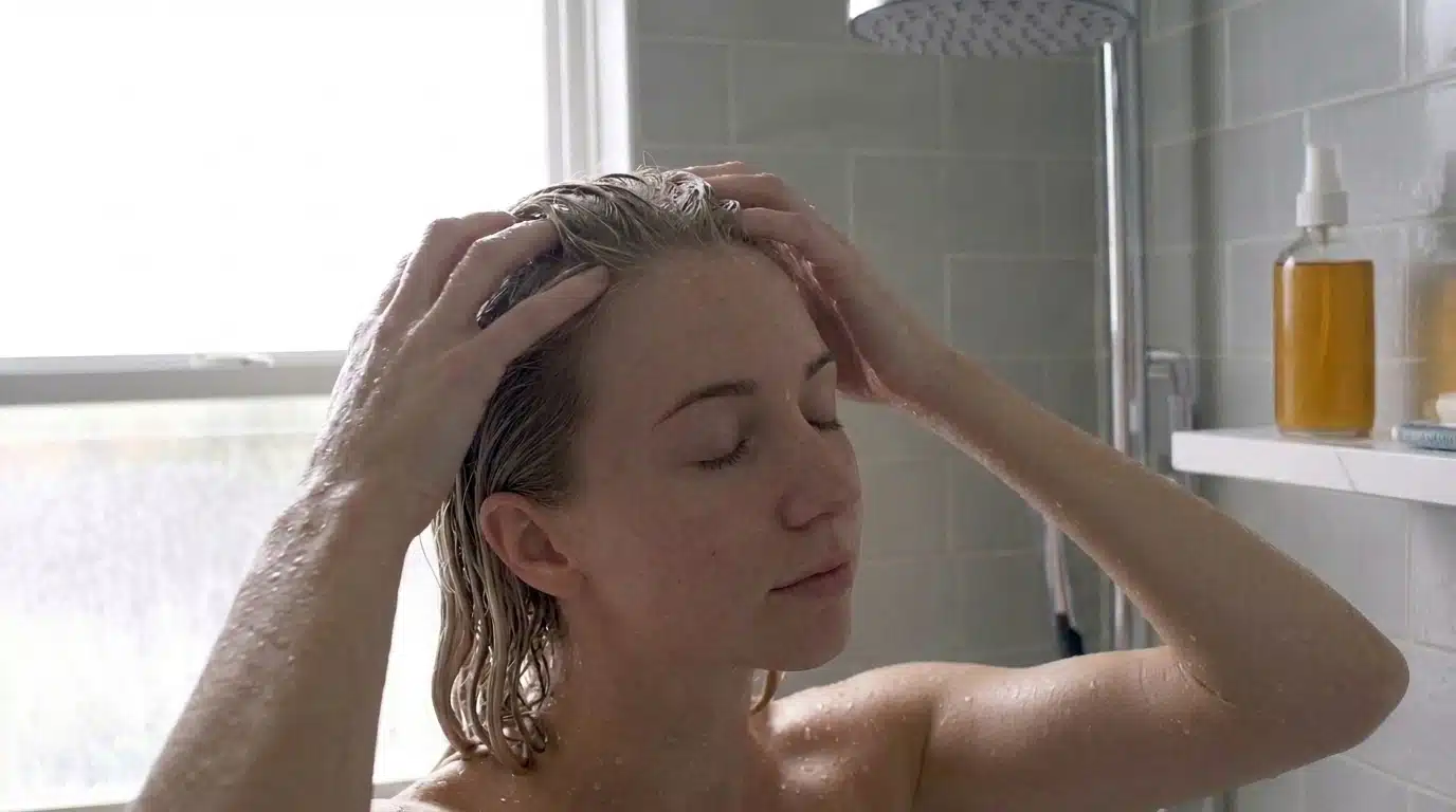person gently massaging wet scalp with fingertips in shower after hair rinse