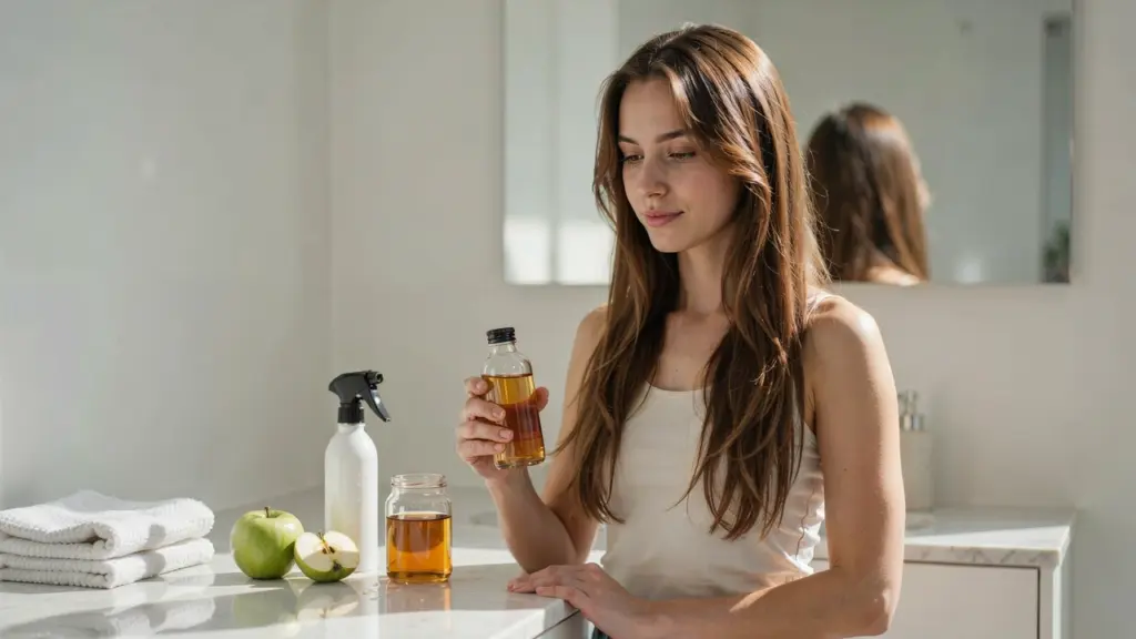 person holding apple cider vinegar hair rinse bottle in modern bathroom with healthy hair
