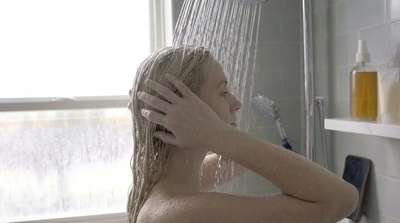 person rinsing apple cider vinegar treatment from hair with cool water in shower