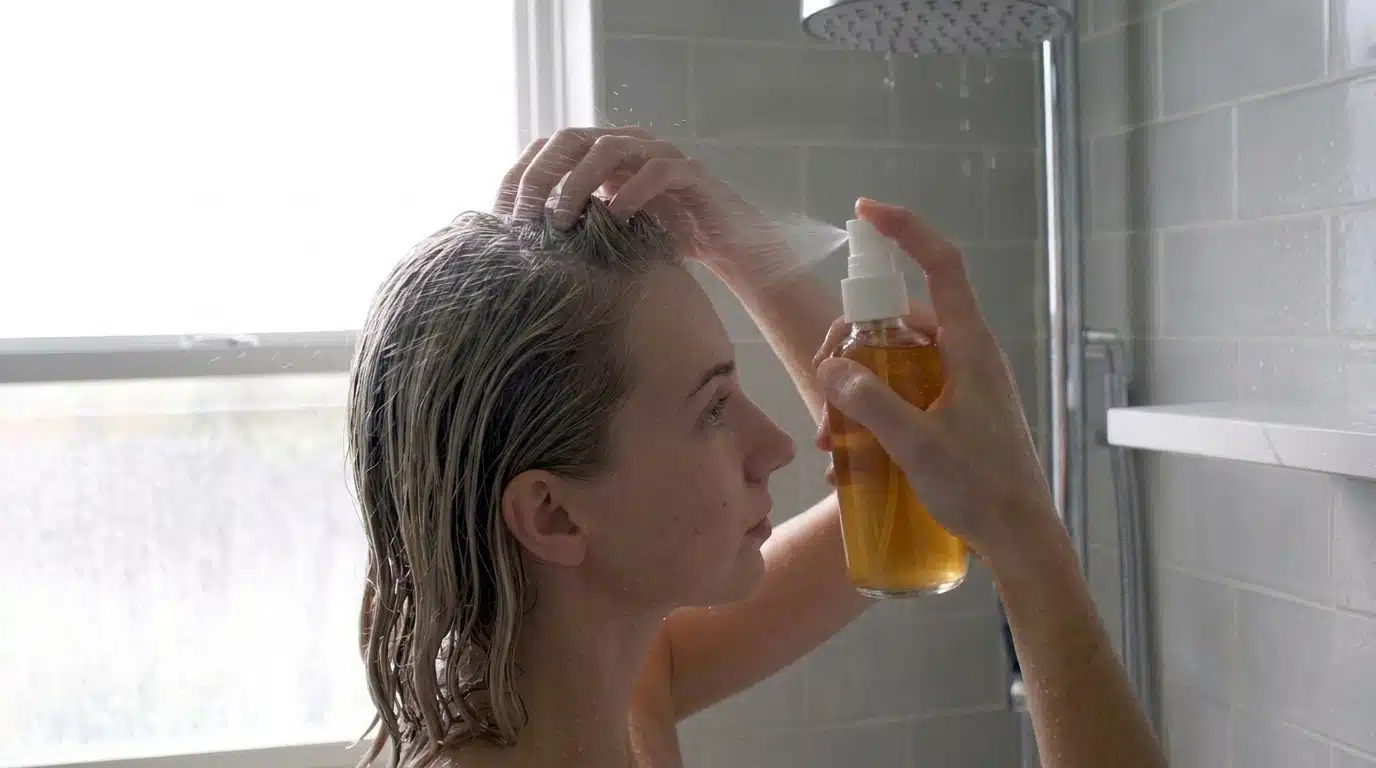 person spraying apple cider vinegar rinse onto wet hair in shower