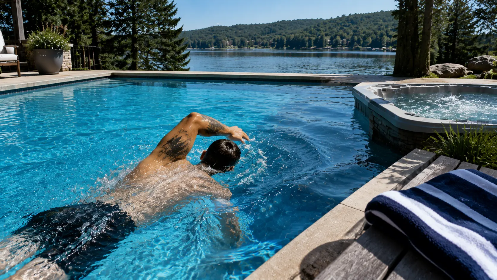 person swimming in pool with a tattooed arm above water