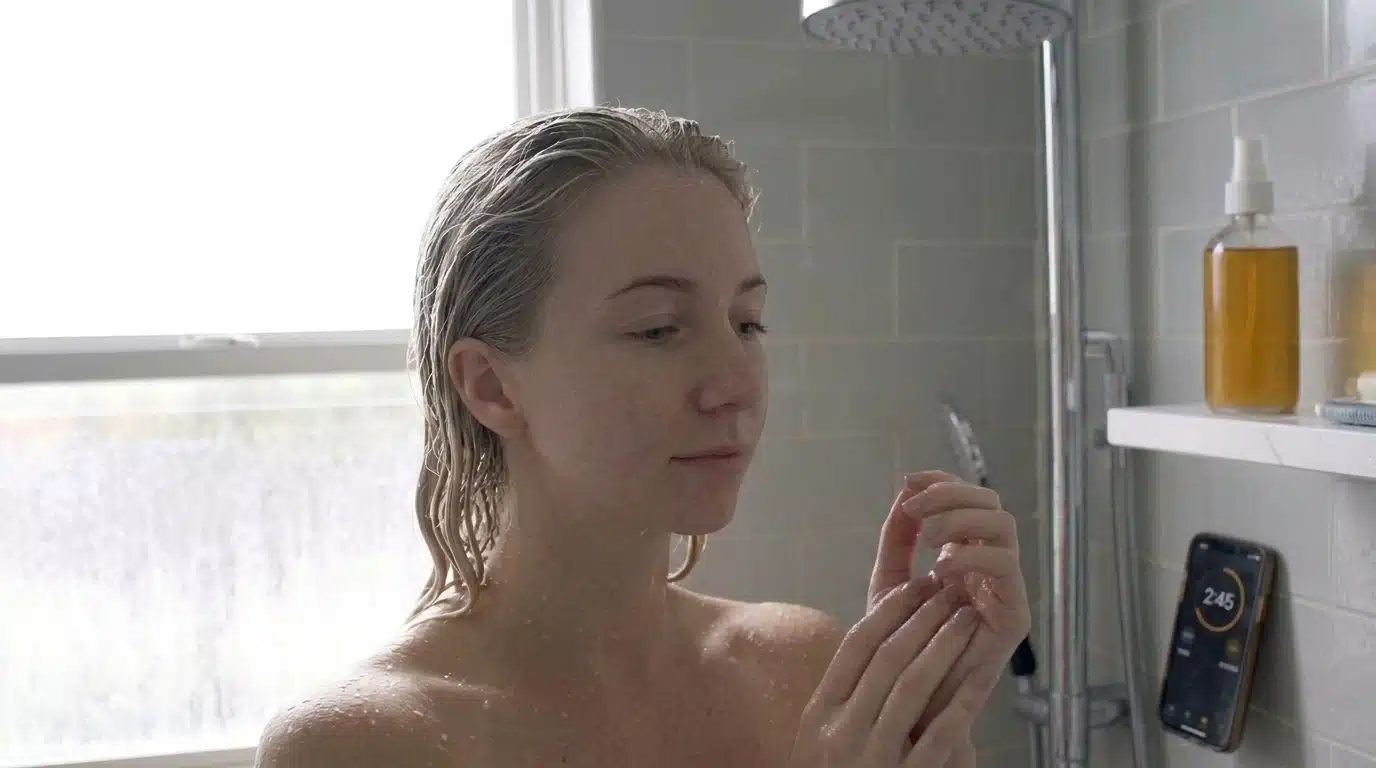 person waiting with apple cider vinegar rinse sitting on hair in shower