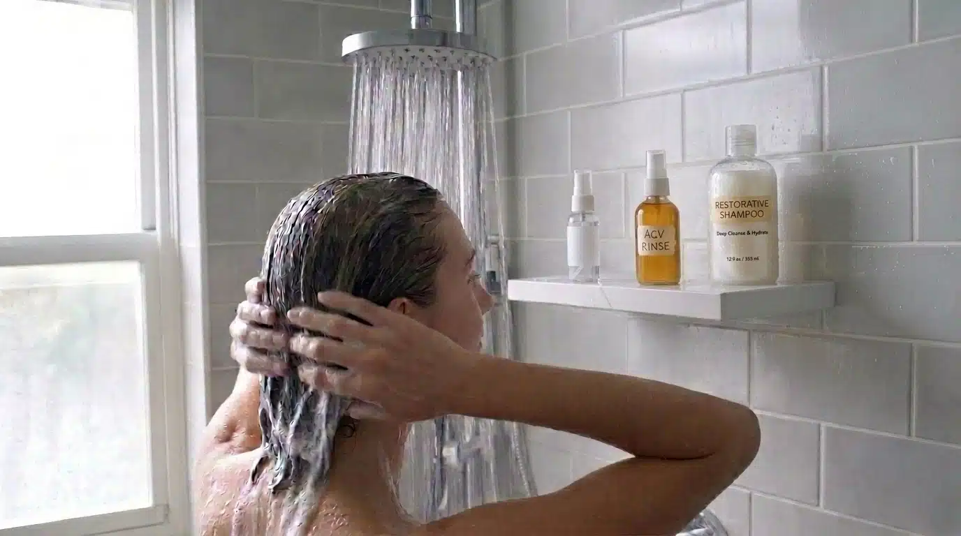 person washing hair with shampoo in shower before applying acv rinse