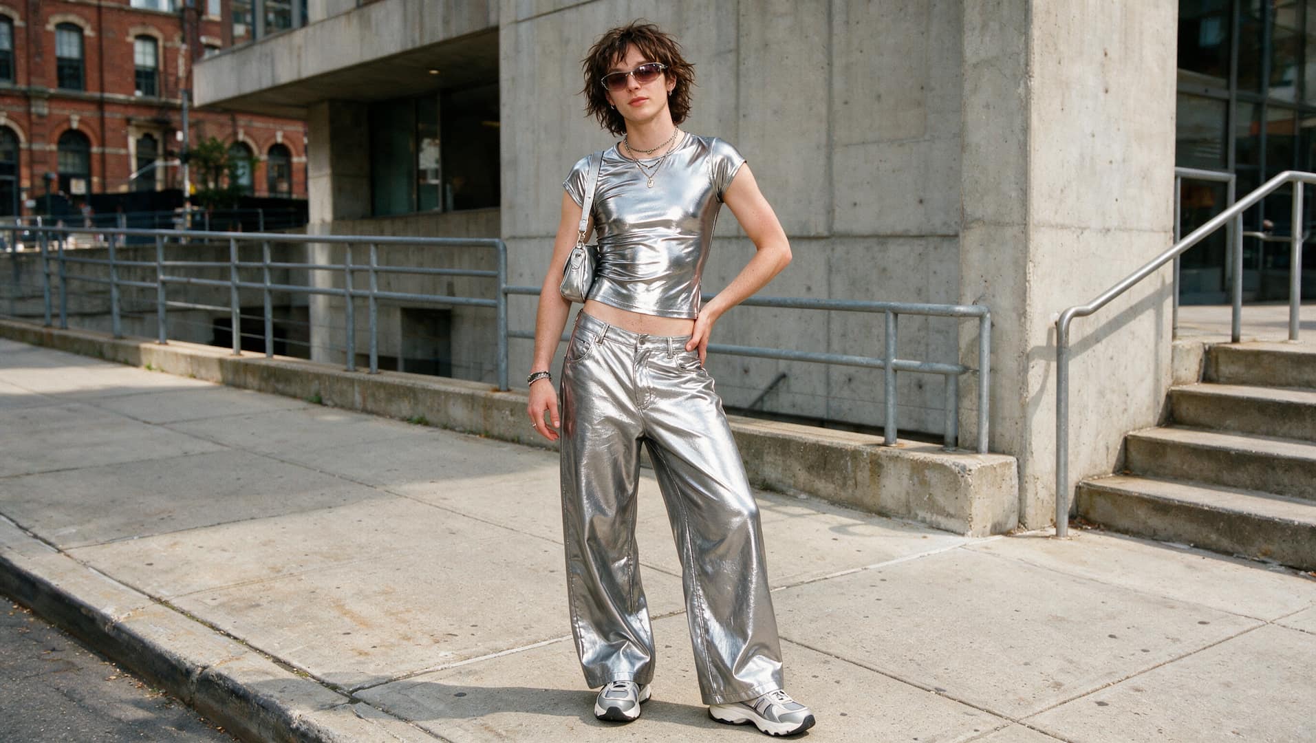person wearing a metallic y2k cyber outfit with low rise pants and retro accessories