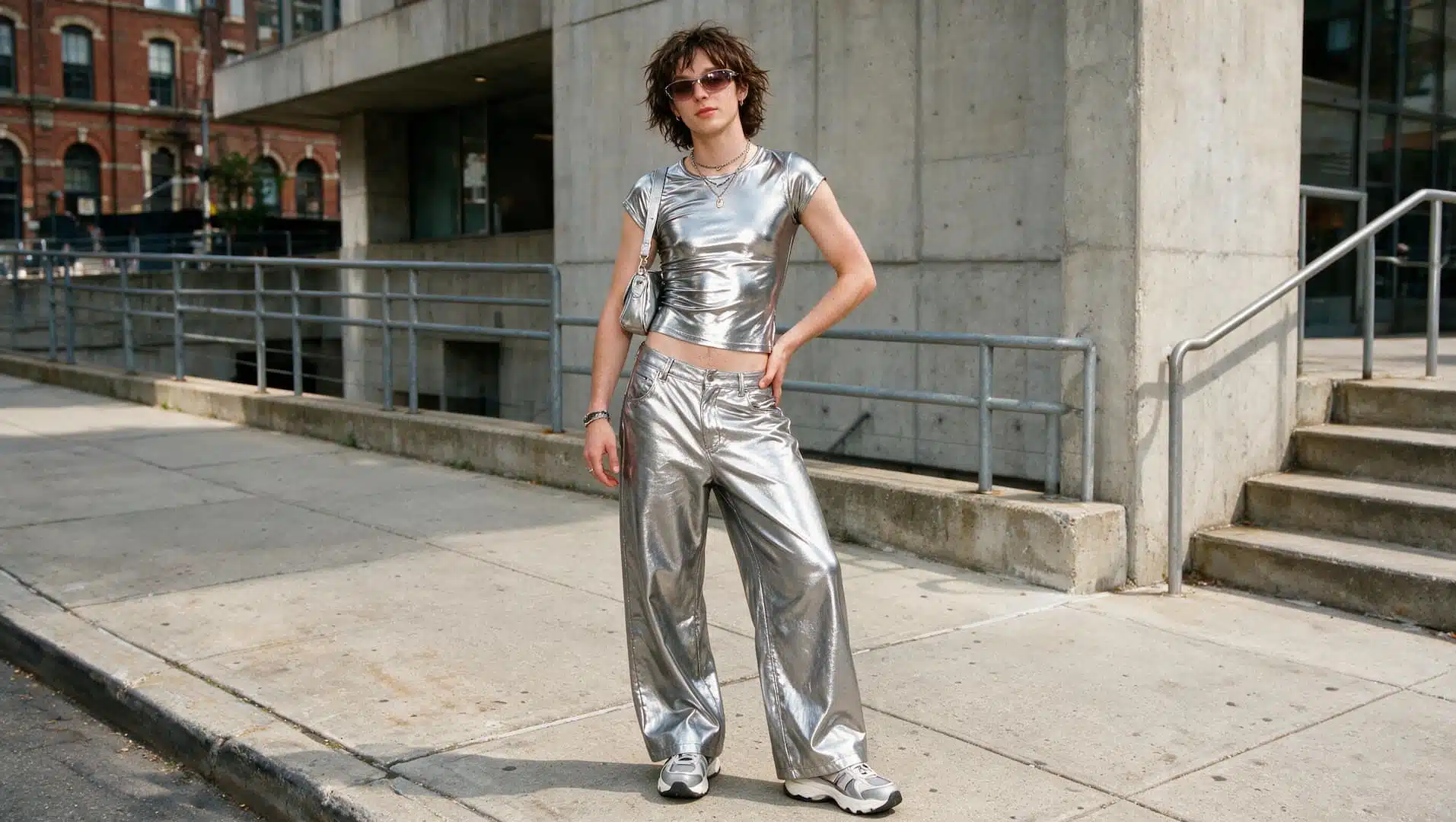 person wearing a metallic y2k cyber outfit with low rise pants and retro accessories