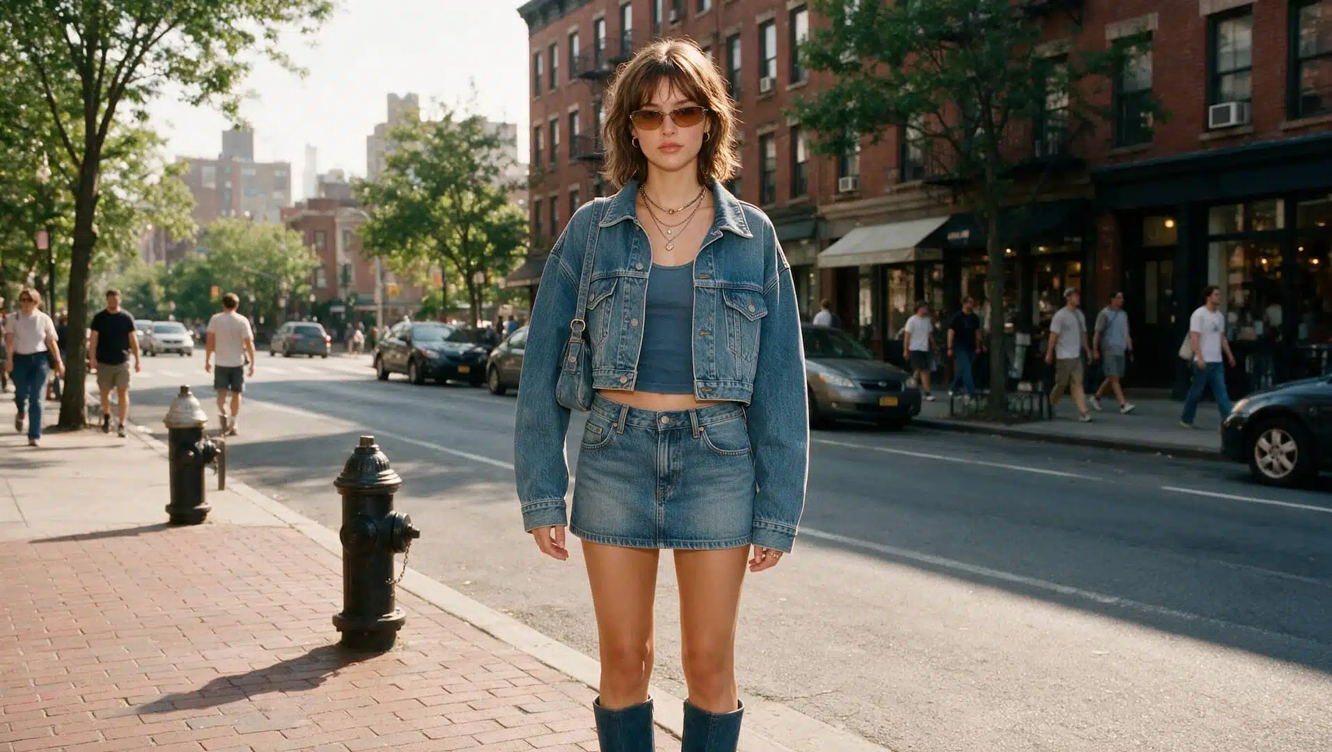 person wearing a y2k denim jacket with mini skirt and early 2000s accessories