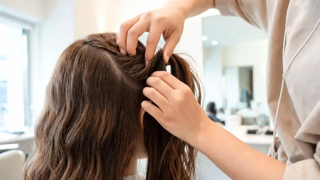 person wearing blended hair extensions in a salon setting