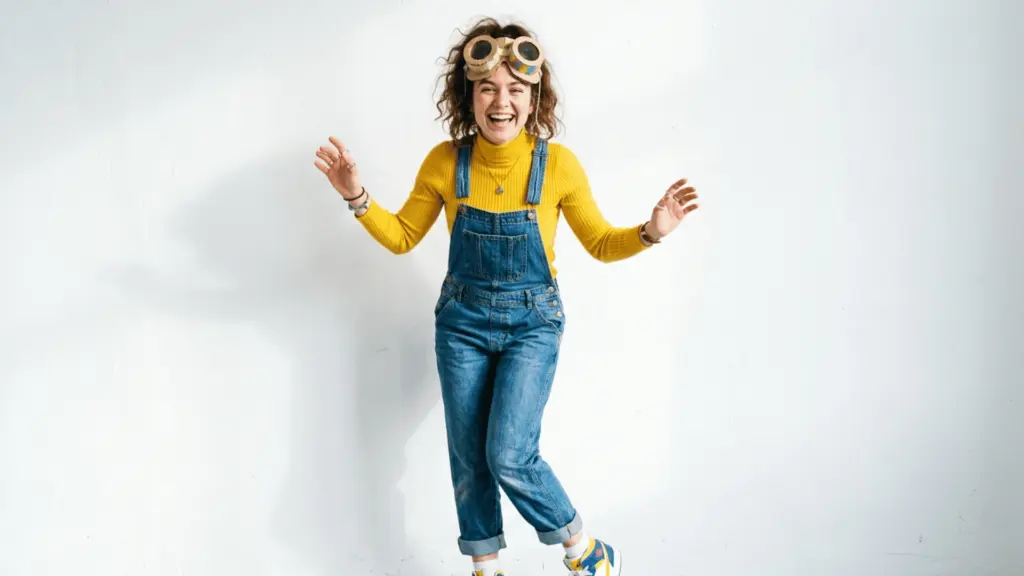 Person wearing blue overalls and yellow shirt as a Minion Halloween costume with DIY goggles
