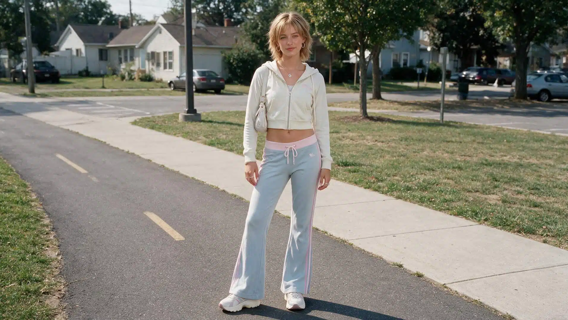 person wearing a sporty y2k cropped hoodie with flared pants and sneakers
