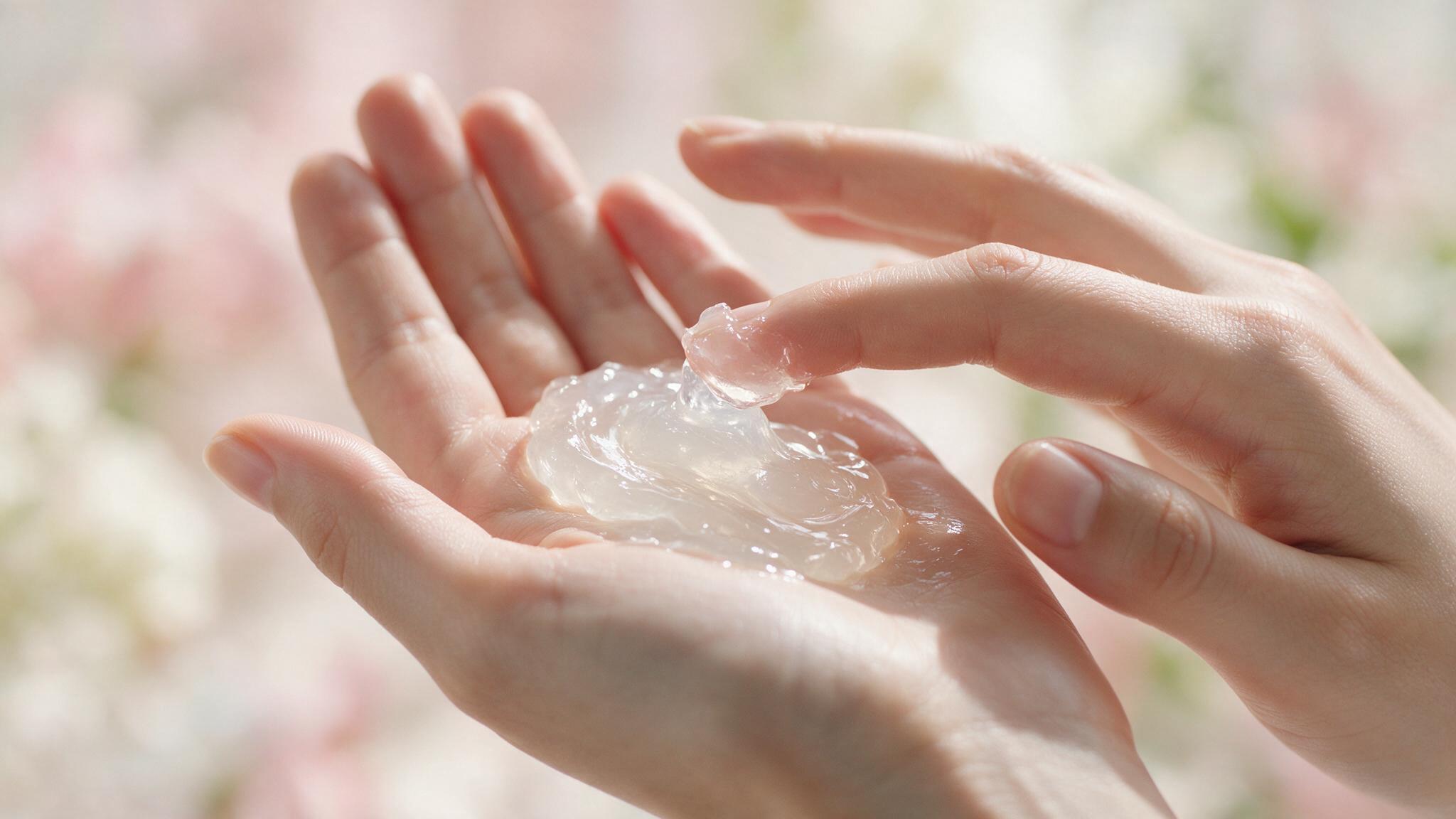 petroleum jelly in her hand to apply on dry chapped lips during skincare