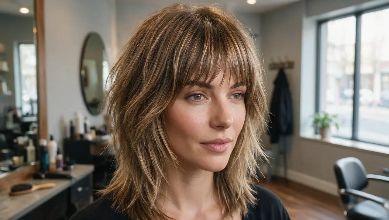 piecey fringe shag haircut with textured bangs and face framing layers