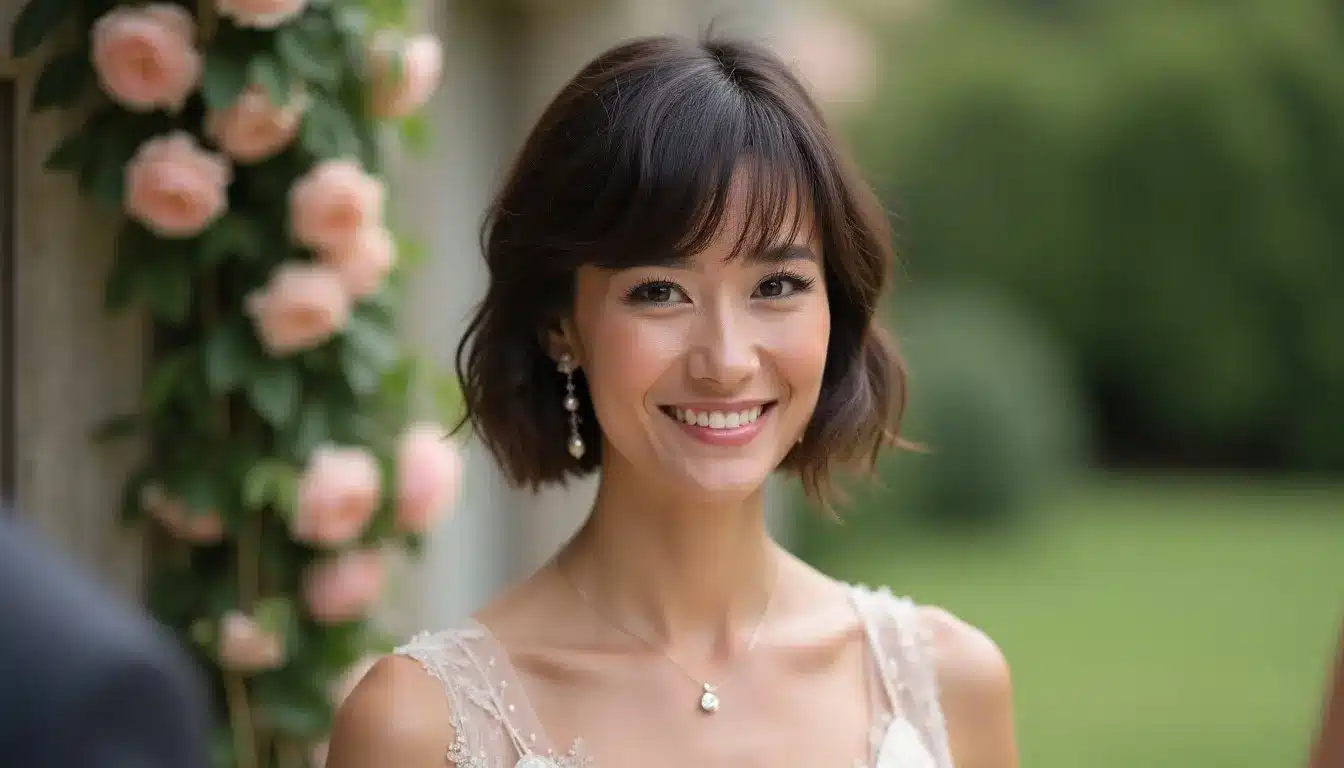 pixie bob haircut with soft baby bangs and textured layers for wedding guest style