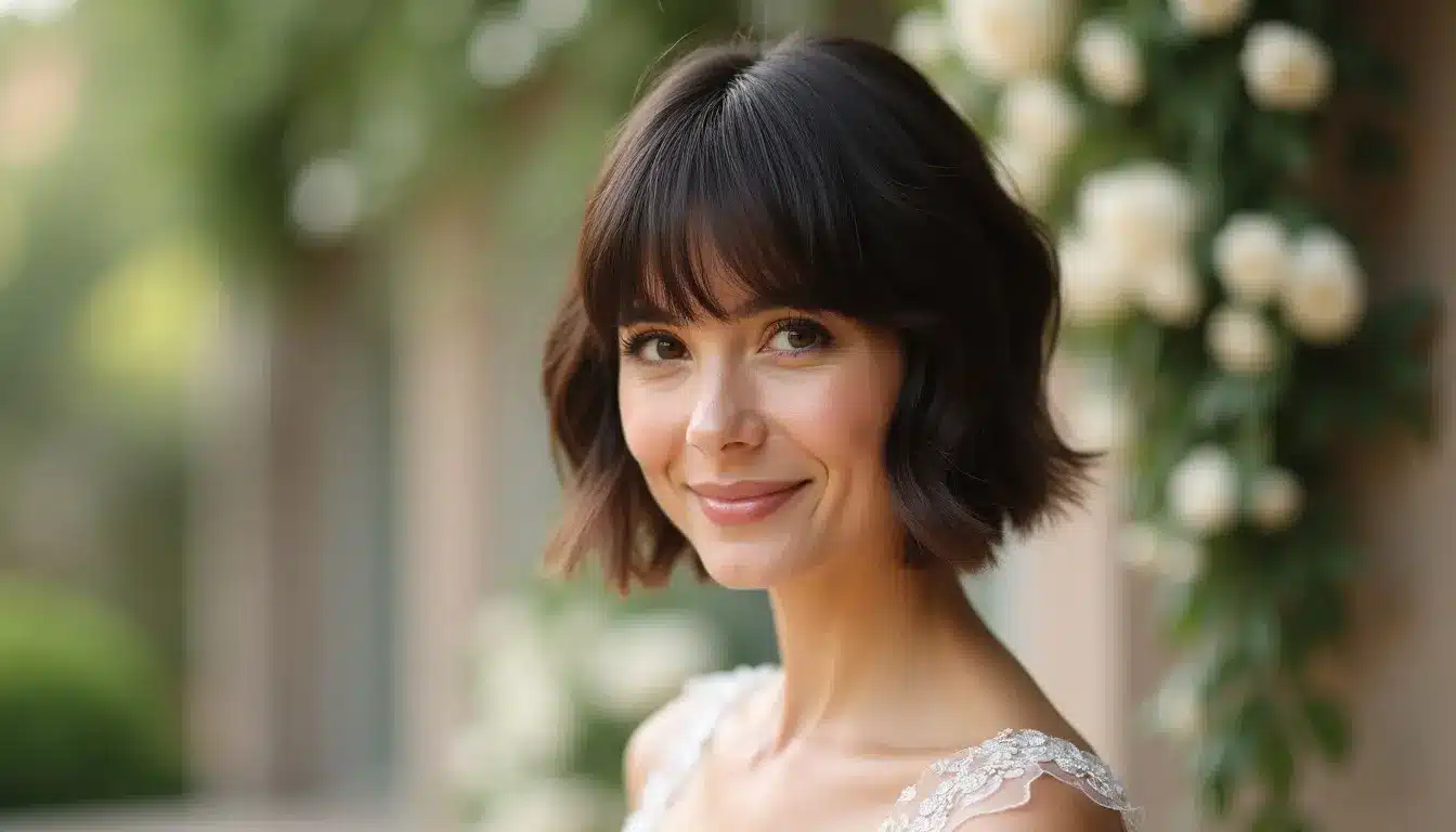 pixie bob haircut with soft curtain bangs framing the face for wedding guest style
