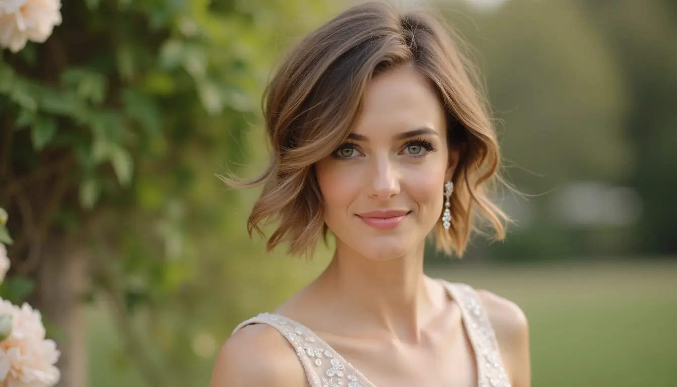 pixie bob haircut with soft waves and natural texture for wedding guest style