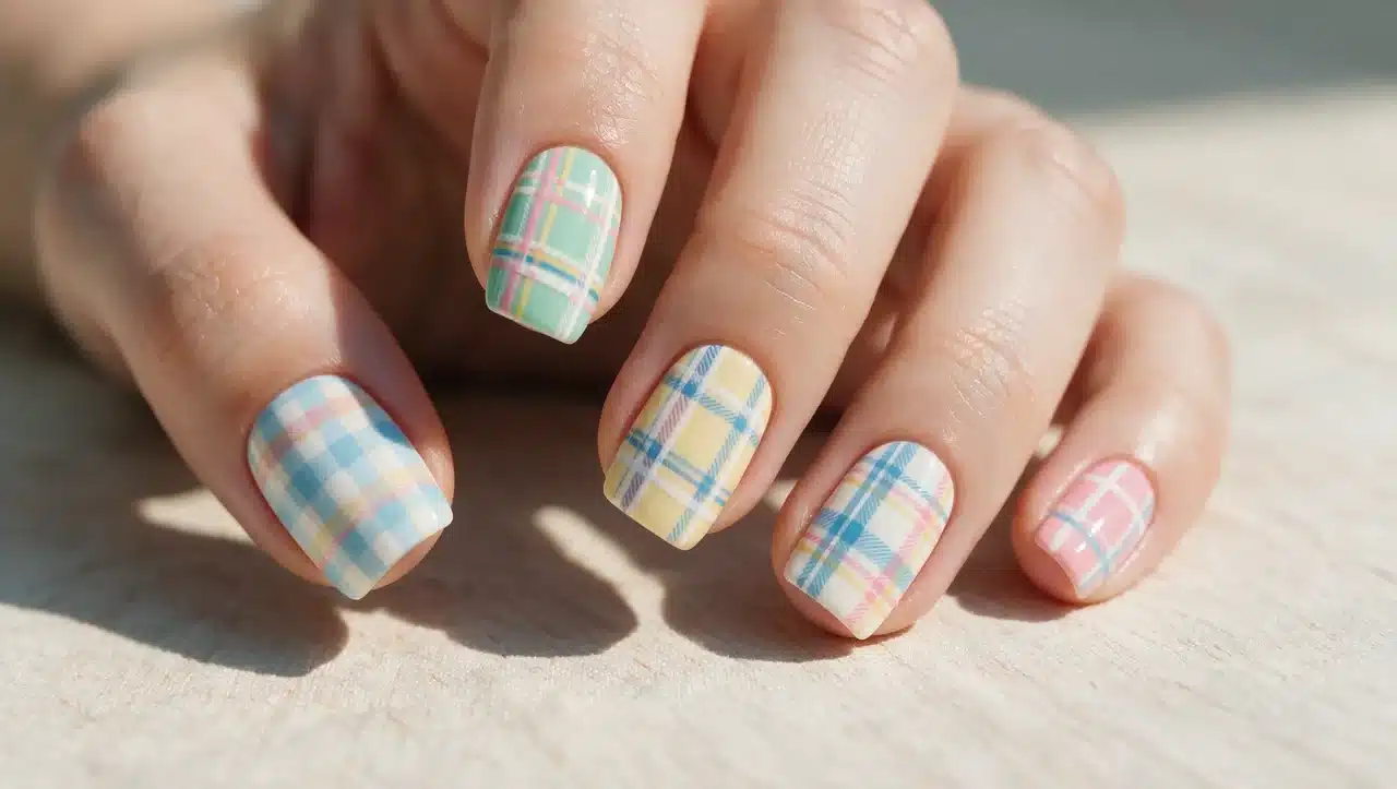 plaid print nails with colorful crossed line pattern artwork