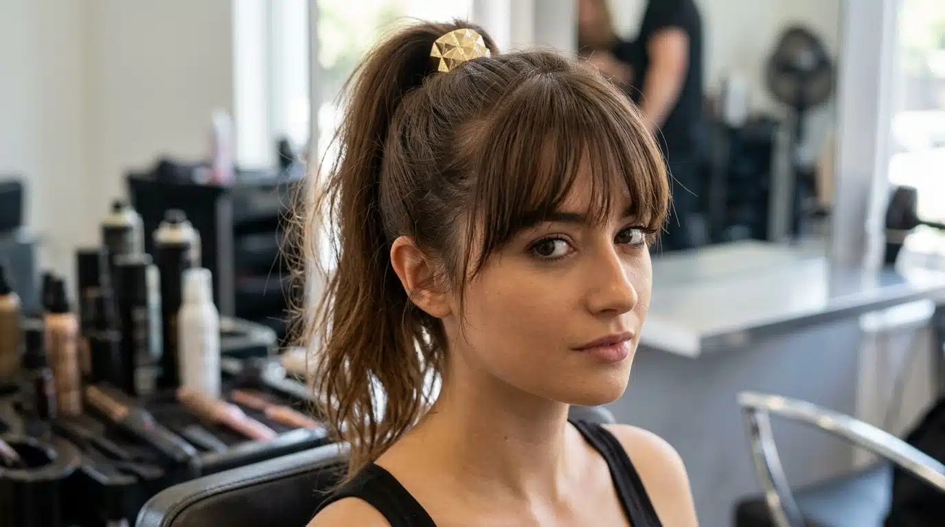 ponytail hairstyle with soft bangs framing the forehead and natural texture