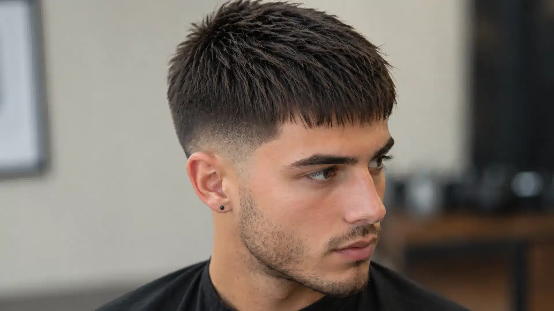 Profile view of a man with a textured French crop haircut and a high skin fade, featuring a short beard and small earring.